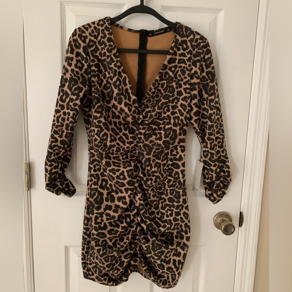 Zara Leopard Pattern Suede Ruched Long Sleeve Dress NWT Women’s Size - L - Picture 9 of 13
